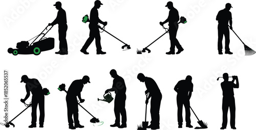 Gardening worker silhouette set, lawn mowing trimming watering raking activities, professional landscaper maintenance illustration vector collection isolated white background design