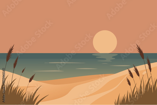 Serene beach scene with sunset over the ocean and sandy dunes