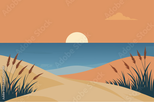 Serene beach at sunset with sand dunes and sea grass
