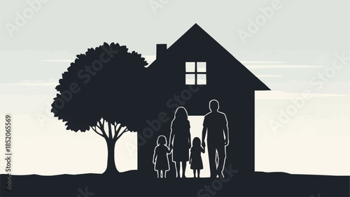 Silhouette of a Family Standing in Front of Their Home with a Tree.