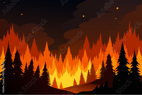 Wildfire raging through forest at night with smoke and flames