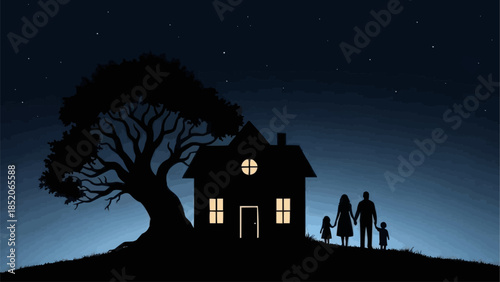 Silhouette of a family standing in front of their illuminated house at night.