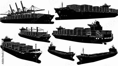 Collection of Cargo Ships and Container Vessels Silhouettes.