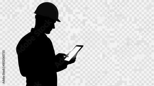 Silhouette of a construction worker using a tablet computer on a transparent background.