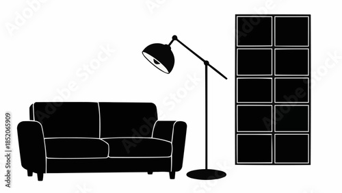 Silhouette of a modern living room with sofa and lamp.