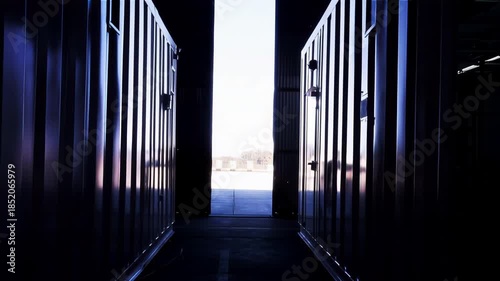 Warehouse Doors Opening as Daylight Floods Interior With Backward Camera Movement Revealing Space