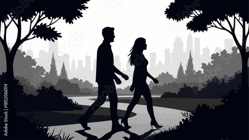 Silhouettes of a man and woman walking together in a park setting.