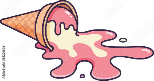 Melting pink and white ice cream cone