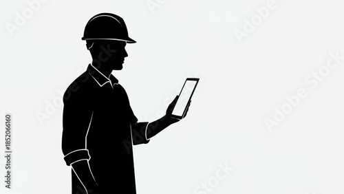 Silhouette of a construction worker holding a tablet device.