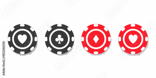Four casino chips with heart club diamond and spade symbols displayed