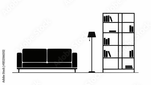 Minimalist Living Room Scene with Sofa Bookshelf and Lamp.