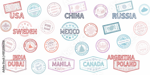 Collection of colorful passport stamps representing various countries around the world