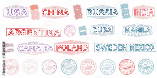 Collection of colorful travel stamps representing various countries and cities