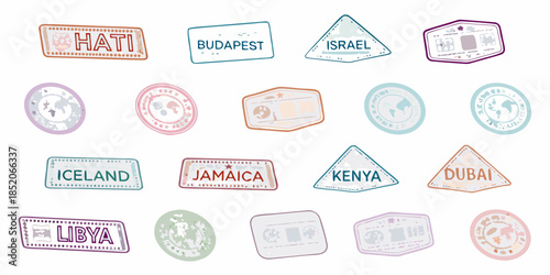 Colorful collection of passport stamps representing various countries and travel destinations