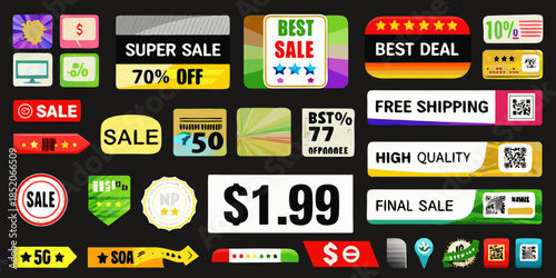 Colorful collection of promotional sale banners and discount labels for retail offers