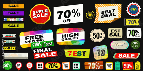 Assorted colorful sale badges and promotional banners with percentage discounts