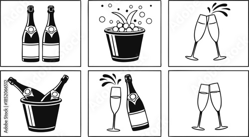 Collection of celebratory champagne bottles and glasses in various arrangements, perfect for event graphics