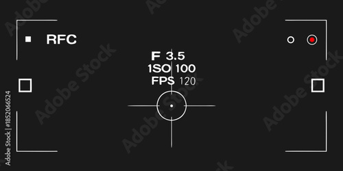 Camera viewfinder display showing settings like aperture iso and frames per second
