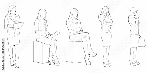 Outline of businesswomen in various poses and professional attire