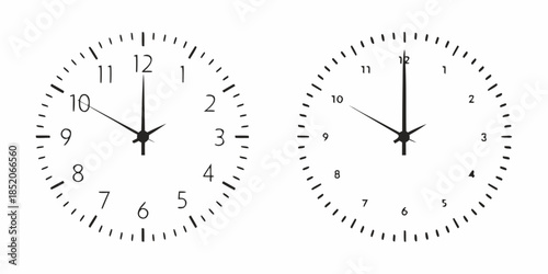 Two analog clocks displaying different times black and white illustration