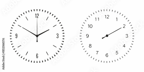 Two black and white analog clocks displaying different times on a white background