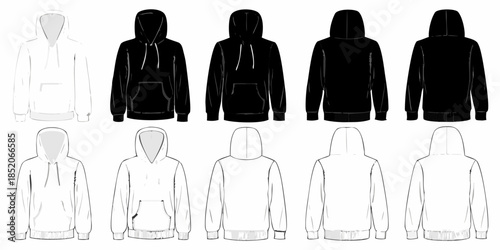 Various hoodie designs presented in flat lay technical illustrations front and back views