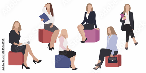 Group of business women in modern attire sitting and waiting in a lobby
