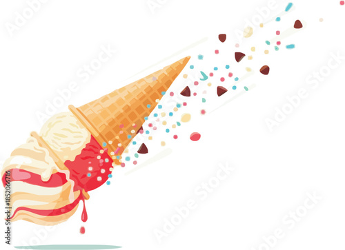 Dropped animation of a Colorful ice cream cone with sprinkles and toppings
