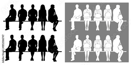 Silhouettes of people sitting on a bench depicted in contrasting colors