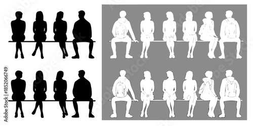 Silhouettes of people sitting on a bench displayed in varying shades