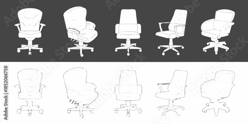 Various office chair designs displayed in black and white line drawings