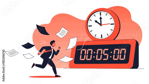 Business Professional Rushing Against Time with Clock and Falling Papers Deadline Concept