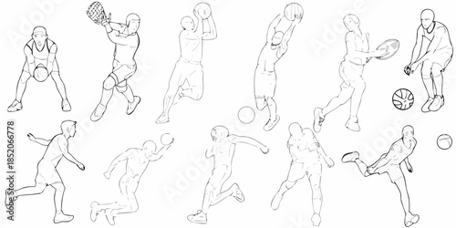 Dynamic line art illustration of athletes in various basketball playing poses