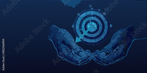 Hands cradling a glowing target with an arrow digital illustration