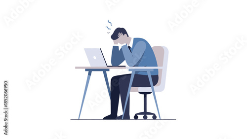 Man Sitting at Desk Feeling Overwhelmed by Workload on Laptop