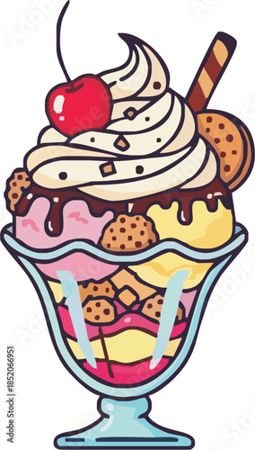 Delicious ice cream sundae with colorful toppings and cookies