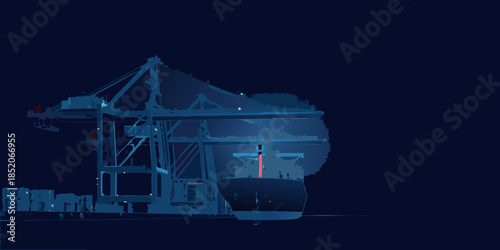 Nighttime scene of a cargo ship being loaded at a dockside crane