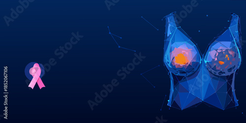 Digital illustration of human breasts with a pink ribbon for breast cancer awareness