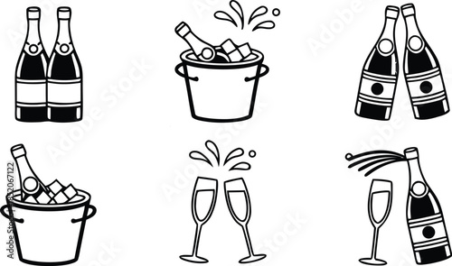 Collection of six vector illustrations celebrating the enjoyment of sparkling wine and champagne, perfect for festive occasions