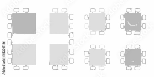 An aerial view of rectangular tables arranged in a conference or meeting space