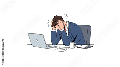 Man in Suit Feeling Stressed and Overwhelmed at Desk with Laptop
