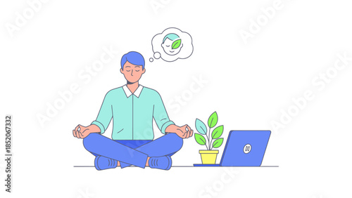 Calm individual meditating near a laptop and plant contemplating sustainability concepts