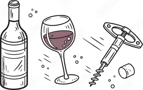 Collection of alcoholic beverage-related icons, featuring a wine bottle, glass, and corkscrew on a white background