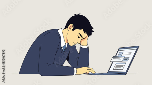 Man Overwhelmed by Digital Information on Laptop Screen
