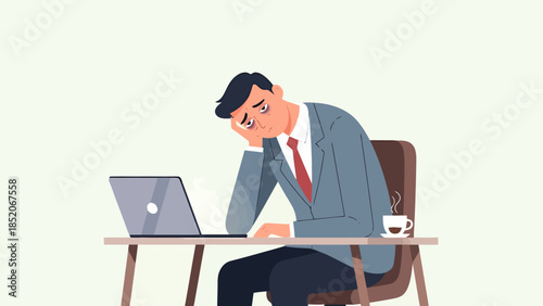 Businessman Feeling Exhausted While Working Late at His Desk with Laptop and Coffee