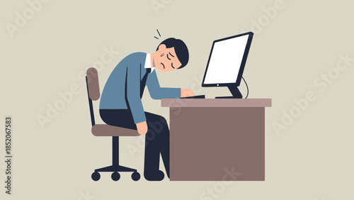 Exhausted Businessman Slumps Over Desk in Office Computer Screen On