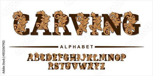 Ornate Carving Alphabet Font with Decorative Floral Details