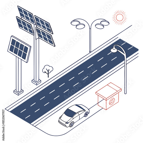 3 D presentation of smart eco highway system with solar panels and electric vehicle charging station