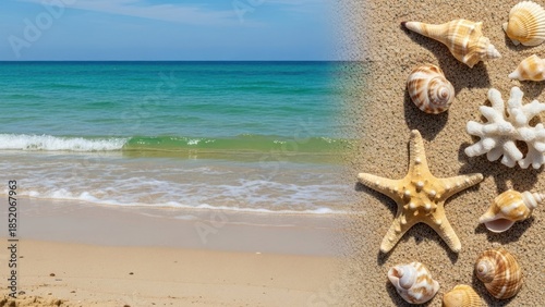 Beach scene with seashells on sandy beach