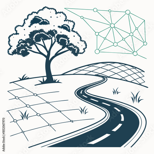Digital eco grid overlay on road pathway with tree